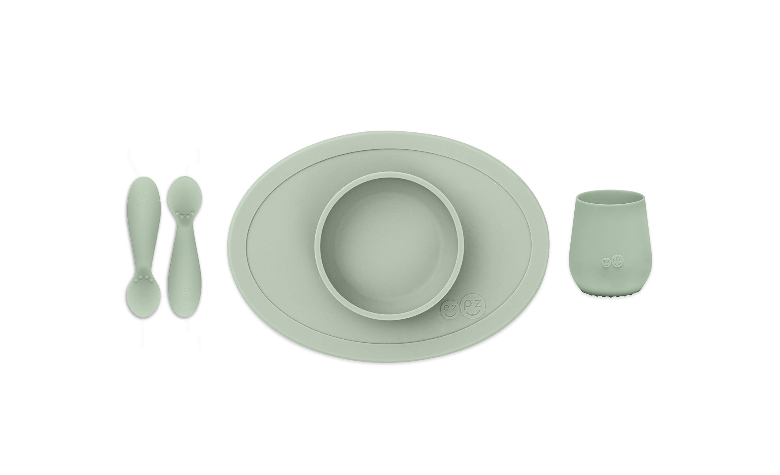 ezpz First Food Set - 100% Food Grade Silicone Suction Bowl with Built-in Placemat, Training Cup & Spoon - Designed by a Pediatric Feeding Specialist - Promotes Self Feeding - 6 Months+ (Sage)-picture-2