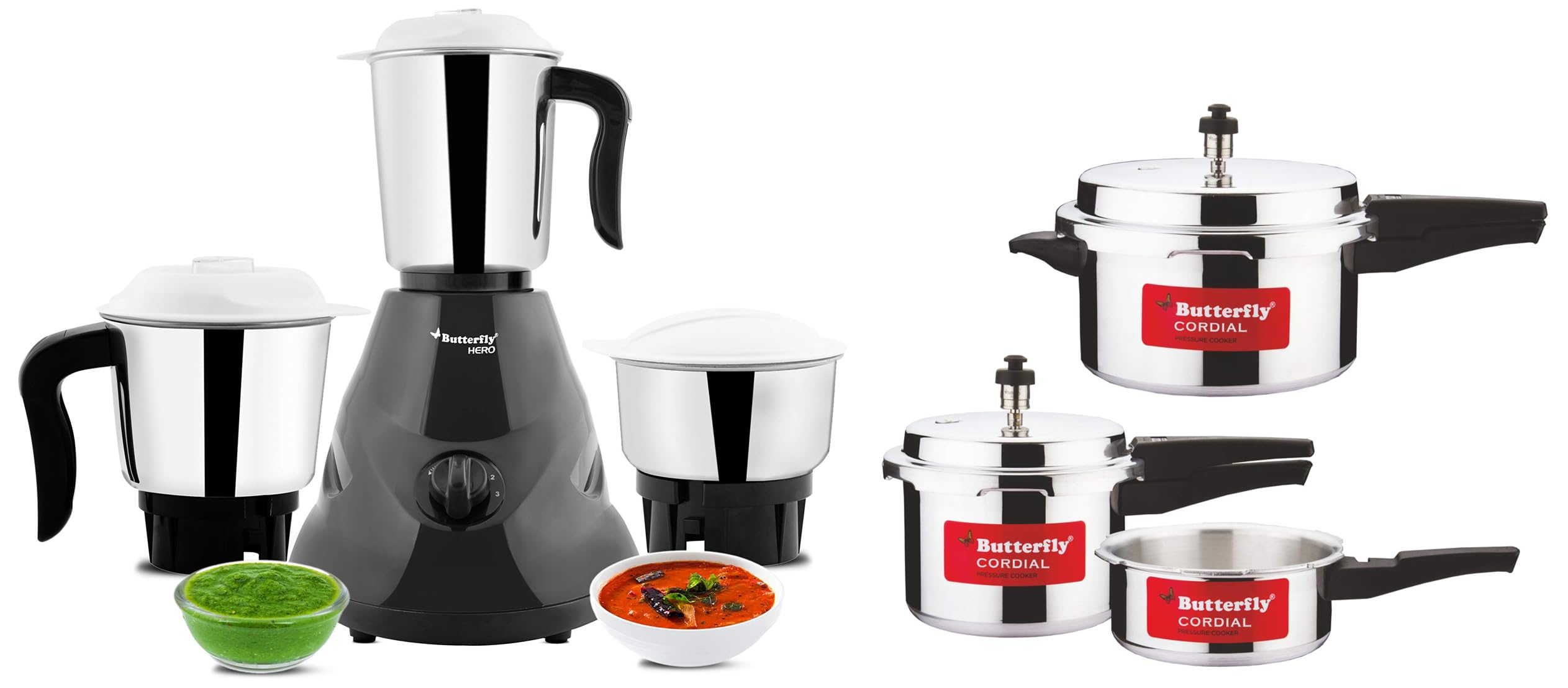 Butterfly Cordial 2 L, 3 L & 5 L Non Induction Bottom Outer Lid Pressure Cooker (Aluminium, Silver), Small & Butterfly Hero Mixer Grinder, 500W, 3 Jars (Grey)-image-10