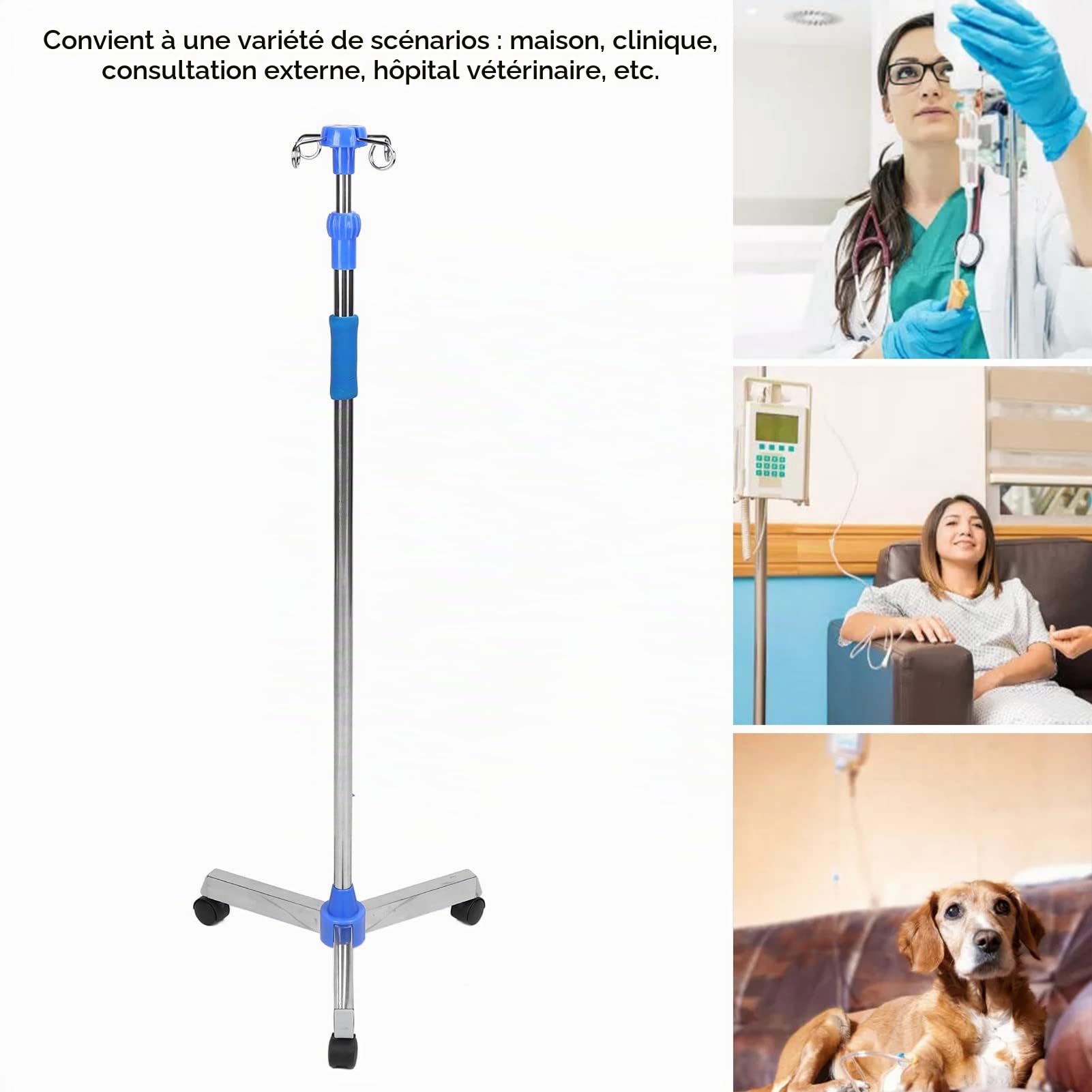 Support de Perfusion Portable avec 4 Crochets et 3 Pieds, Support de Perfusion pour Poches à Perfusion, Support de Perfusion Pliable à Hauteur réglable pour hôpital/Clinique/domici