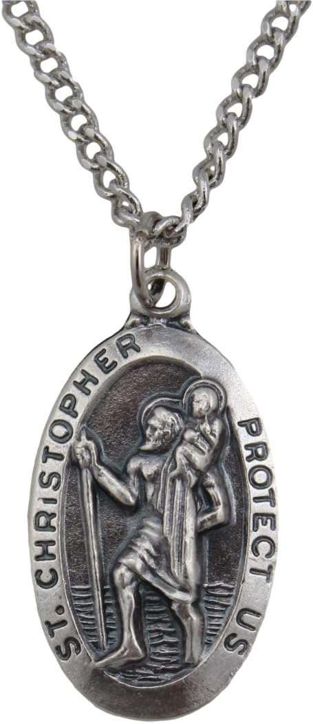 Christian Brands Creed Silver Tone St. Christopher Protect Us Medal, Rhodium-Plated Chain, 24-Inch