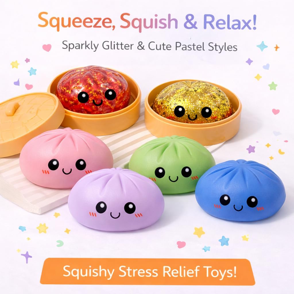 Glitter Dumpling Squishy, Giant Colorful Dumpling Squishies, Soft Squeeze Stress Relief Squishy for Adults, Desk Anxiety Relief Fidget (Red)