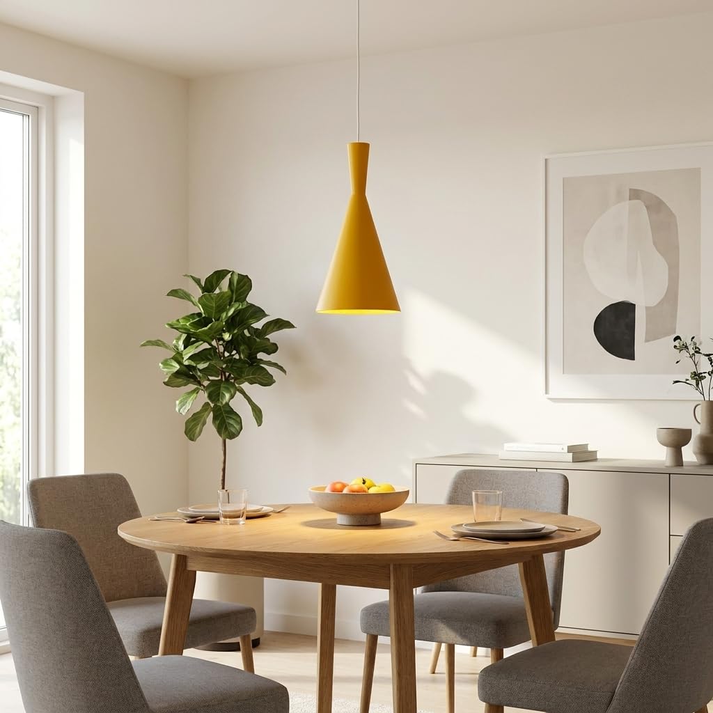 BARCELONA LED Solvang Hängelampe Gelb E27 | Matte Aluminiumschirm, Höhenverstellbares Kabel 130cm, Goldfarbener Innenreflektor, Für Wohn- Und Gewerberäume