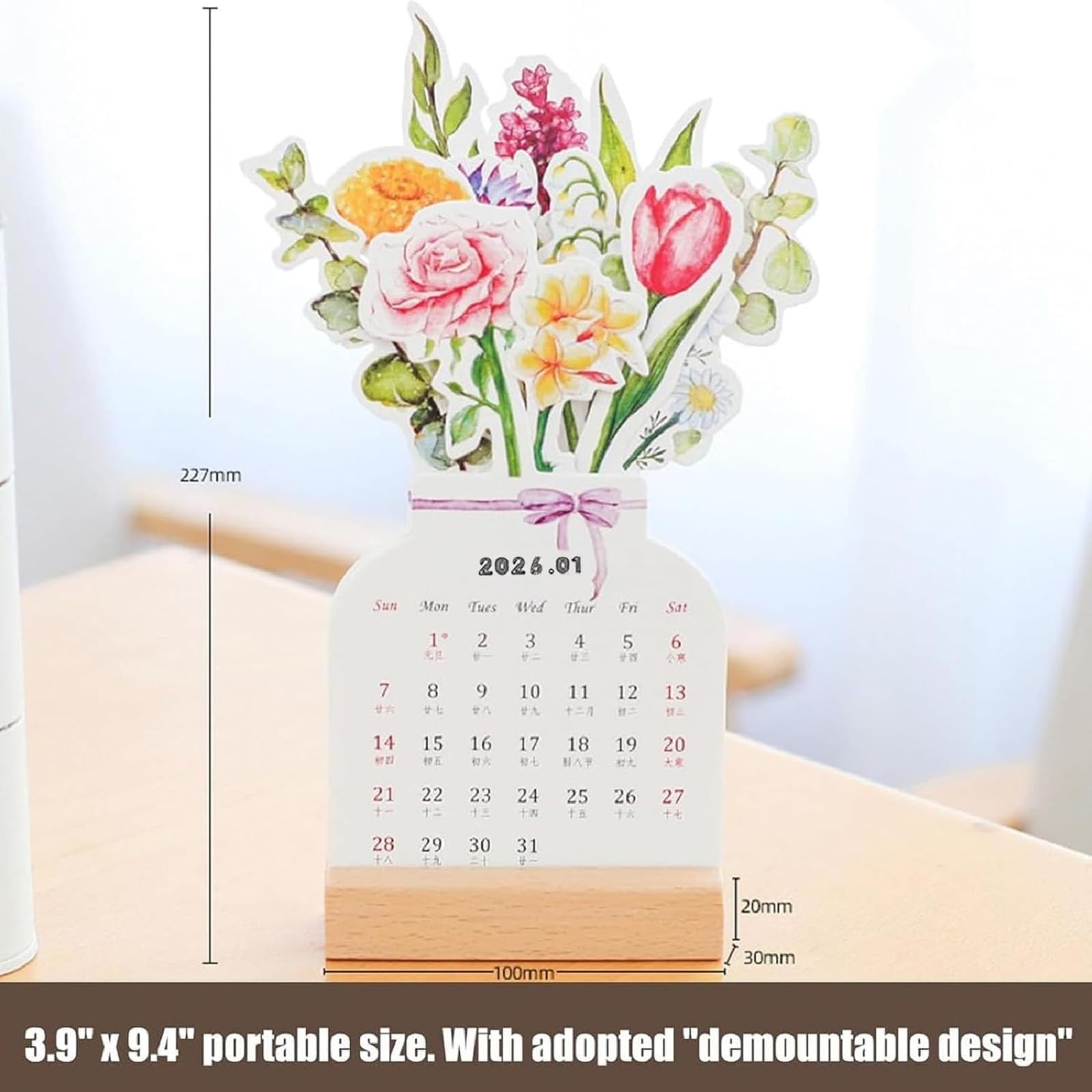 Mini Calendario Da Tavolo 2026 Con Fiori – 12 Pagine Con Motivi Floreali Diversi, Supporto In Legno, 300 Gsm, Ideale Per Scrivania E Regalo