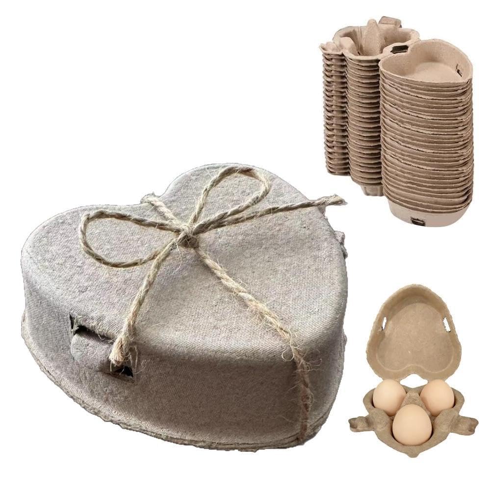 50 cajas de huevos en forma de corazón de Pascua, bandejas de papel de 4.7 pulgadas con cuerda para 3 huevos, cartón reutilizable para almacenamiento de huevos de gallina