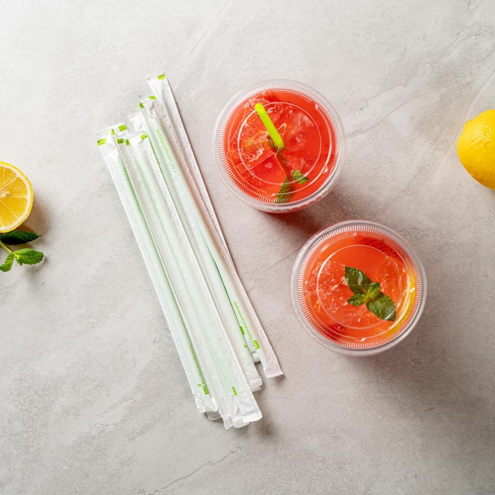 Restaurantware-Basic Nature 8.3 Inch Disposable Straws, 2000 Sustainable Straws - Wrapped, Won't Alter Flavors, Green PLA/PBAT Straw, For Hot And Cold Drinks