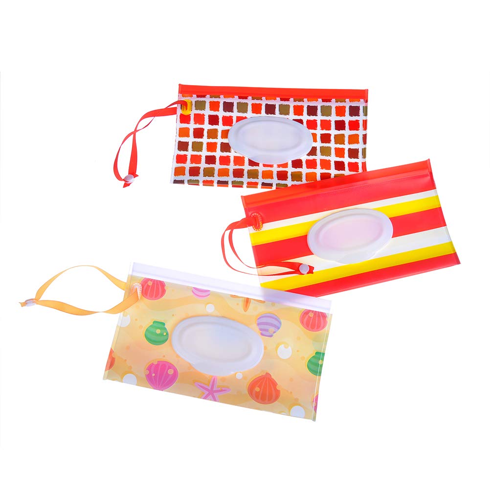 3 Pcs Wet Wipe Pouch Baby Wipe Case Holder Dispenser Refillable Moist Diaper Wet Wipe Clutch Strap Bag Wipes Container (No Wipes In It) - 9.44 x 5.31 Inches (Style 4)