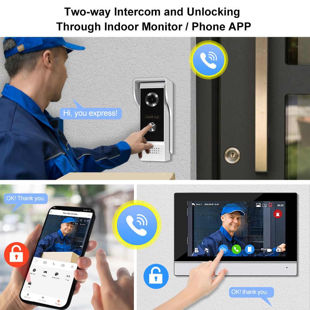 Videocitofono cablato da 7 pollici, 1080p, monitor per interni, touch screen, con campanello a infrarossi HD, WiFi, app Tuya per villa, casa, ufficio, appartamento (2 unità interne + 1 unità