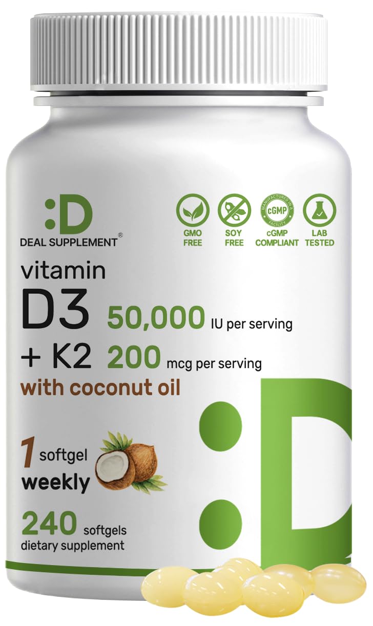 Vitamin D3 50,000 IU + K2 MK7 200 mcg,240 Softgels | Virgin Coconut Oil, Max Strength Vitamin D & K, Promotes Heart, Bone, & Teeth Health â One Softgel Weekly, Easy to Swallow
