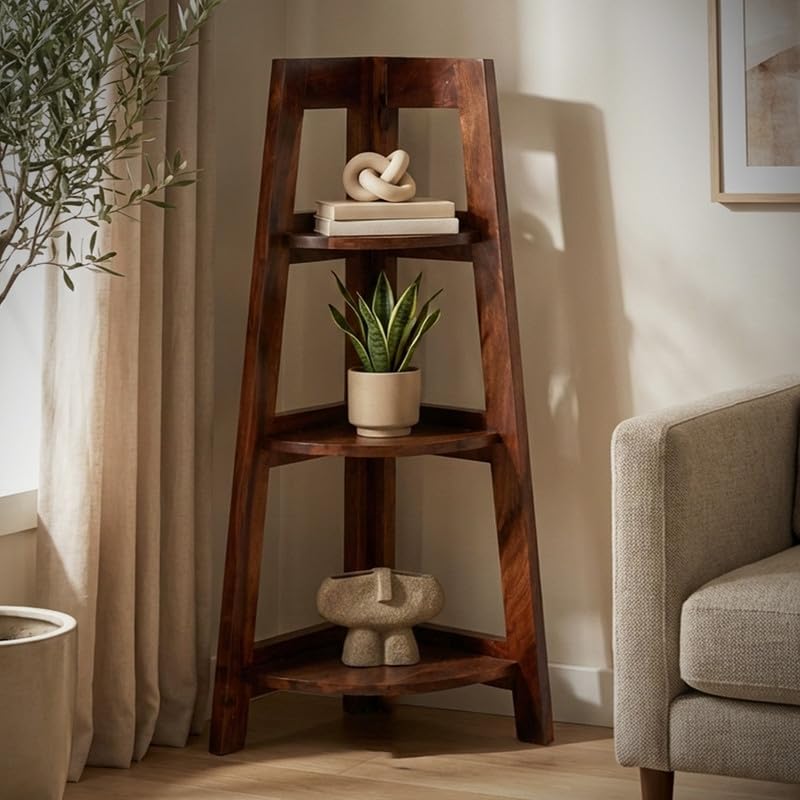 Solid Sheesham Wood 3 Tier Corner Bookshelf | Wooden Ladder Style Corner Shelf for Living Room Office | Decorative Book Cabinet Storage Rack for Home Décor | Bookcase Stand (Honey Finish)-picture-11