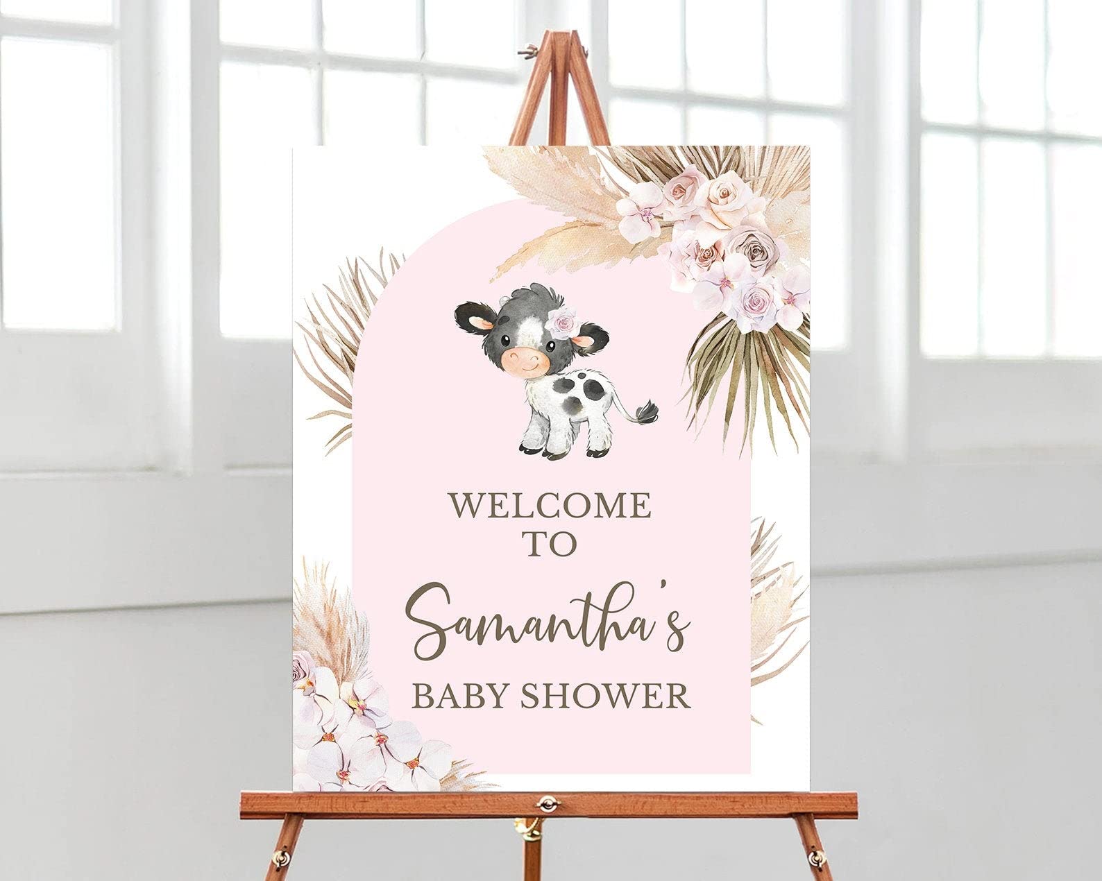 Personalized Cow Baby Shower Welcome Sign - Pink Girl Boho Poster With Pampas Grass Decoration - Banner