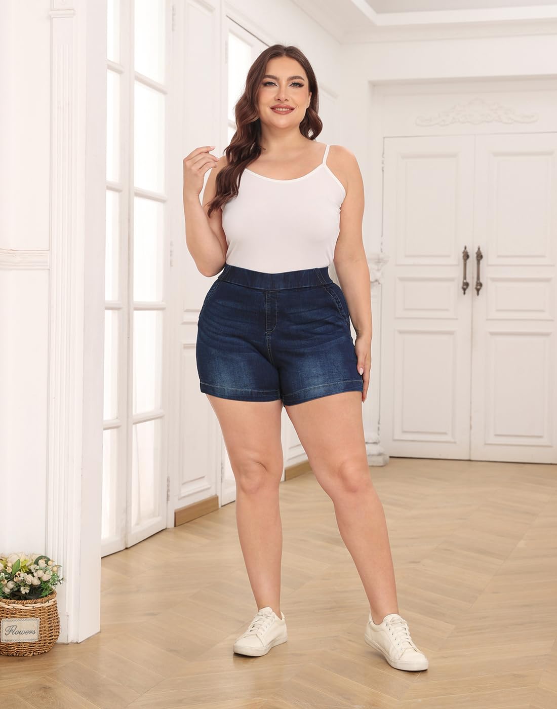 HDE Damen-Jeans-Shorts, Übergröße, hohe Taille, Stretch-Denim-Shorts zum Hineinschlüpfen