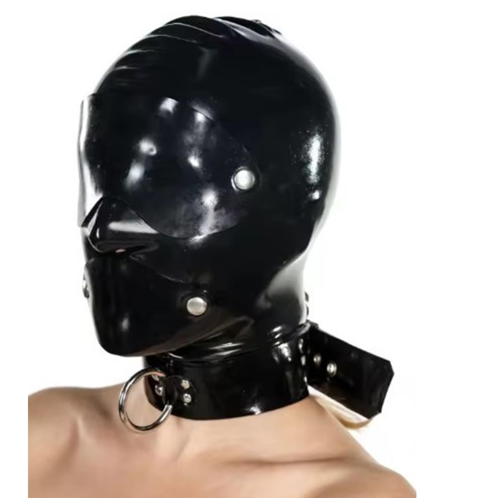 DSPENGS Black Latex Hood Mask BDSM Full Cover Latex Hood for Adult Couple Game Exposed Eye Elastic Breathable(Size:XL-70CM)