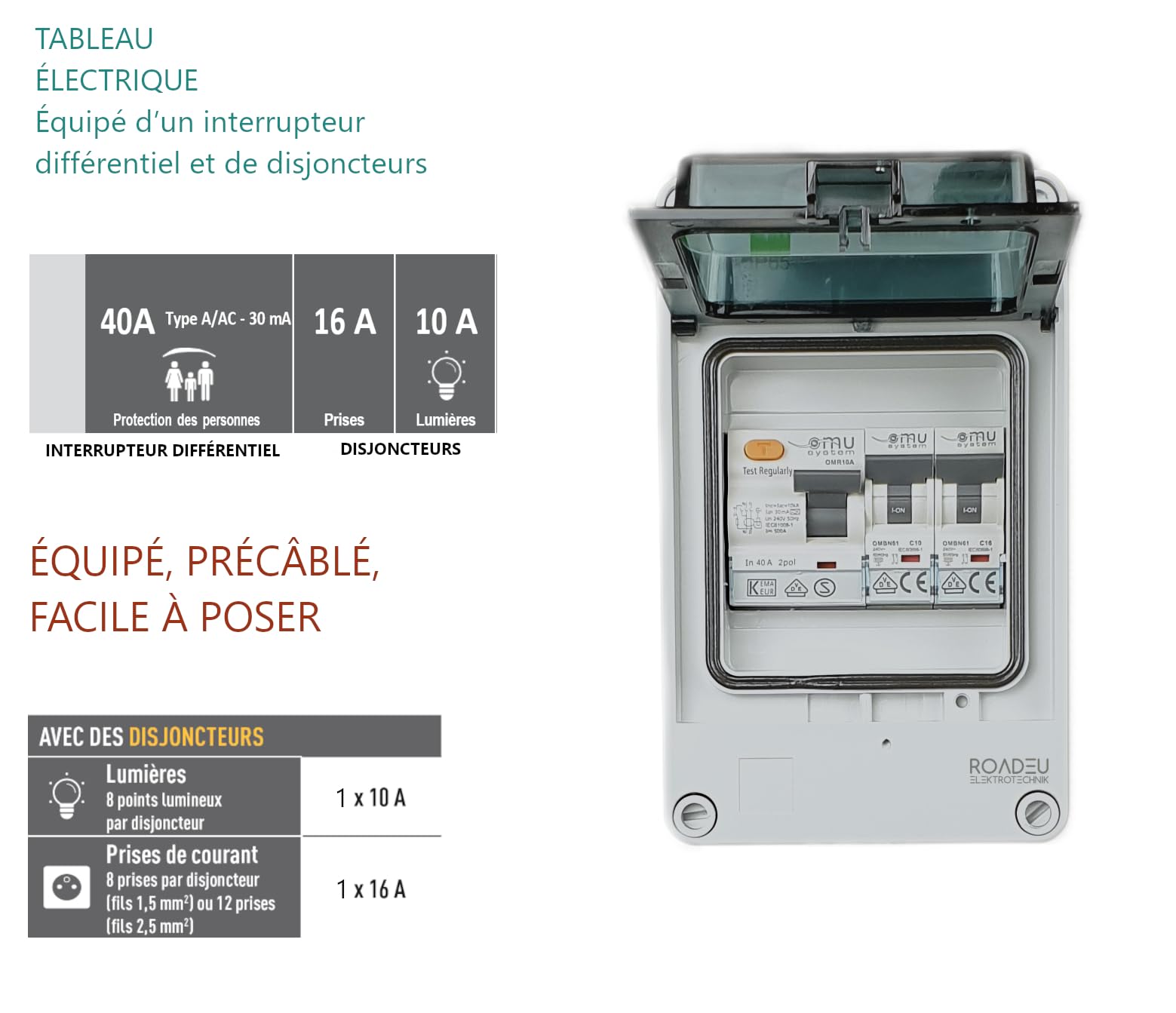 RoadEu - Quadro Elettrico Di Distribuzione - Interruttore automatico C10A e C16A, magnetotermico differenziale 40A 30mA 2P tipo A/AC, IP65 perfetto per il garage, il capanno o il giardino