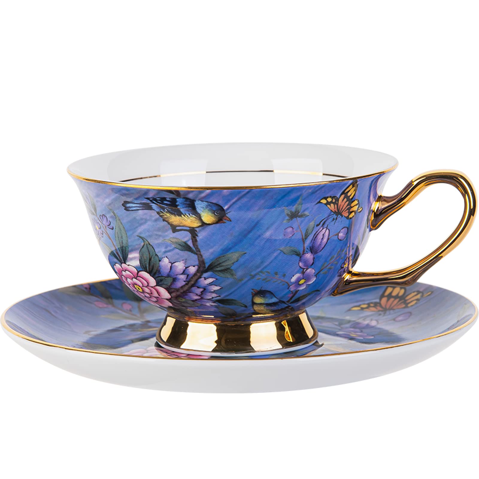 Juego de taza de té y platillo de café de cerámica Juego de taza de café y platillo de cerámica con pájaros y flores azules plato de taza de jugo