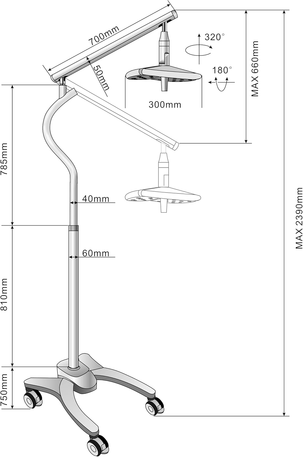 Dental 36W Shadowless Floor Standing Adjustable LED Exam Light Touch Switch Adjustable Brightness Exam Light