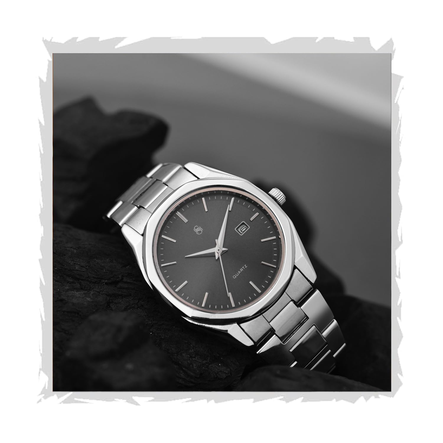 Silver Stainless Steel Analog Round Dial Date Display Wrist Watch for Men -W153-image-20