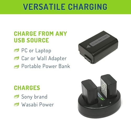 Miniatura 6 de Batería de cámara Wasabi Power NP-FW50 (paquete de 3) y cargador USB dual para Sony ZV-E10, Alpha a6000, a6300, a6400, a6500, a7, a7R, a7S, RX10 II,