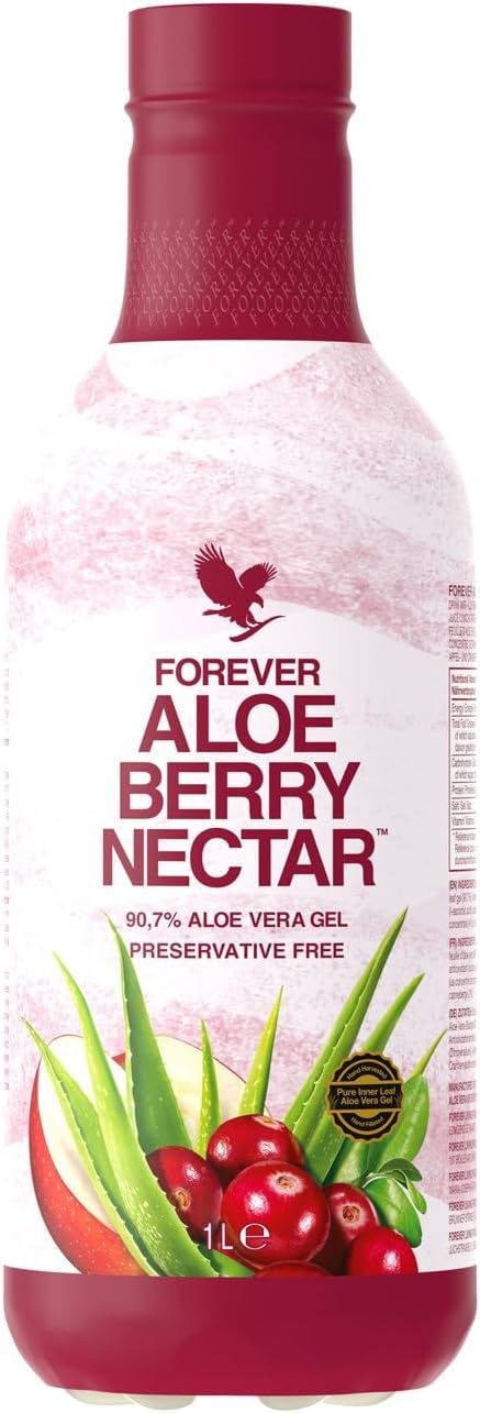 Aloe Berry Nectar PET, 1000ml, Cranberry-Apple Flavored Aloe Vera Gel, 90.7% pure inner leaf Aloe Vera gel, No added preservatives, Gluten free