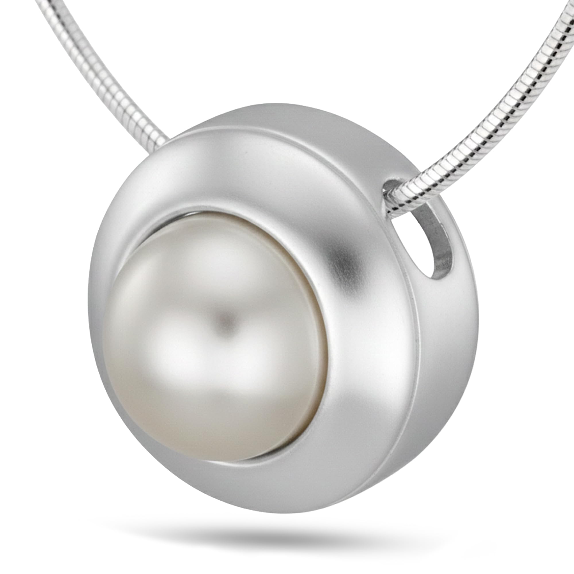 Vinani Damen Halskette & Anhänger aus 925 Sterling Silber – Schlangenkette mit Perlen-Anhänger im Knopf-Design, glänzend, Silberschmuck für Frauen, Halsschmuck, Silberkette, APS-S