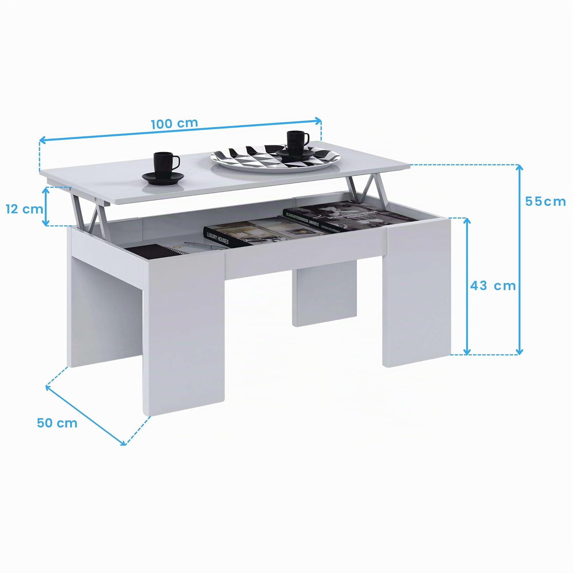 Habitdesign – Mesa de Centro Elevable para Salón Comedor, Mesa de Café con Almacenaje, Color Blanco Brillo, 100x50x43–54 cm - Modelo Kendra