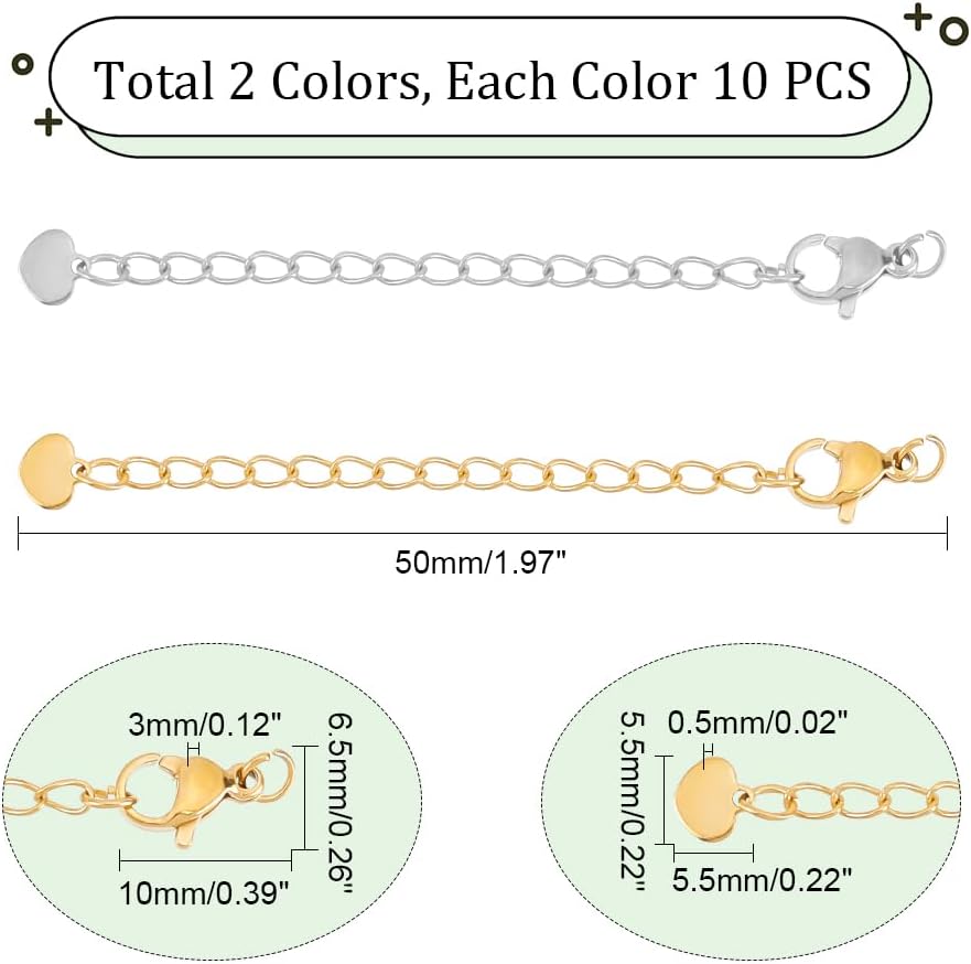 UNICRAFTALE 20Pcs 2 Colors 50mm 304 Stainless Steel Extension Chain Sets End Chains Extension Tails with Clasps and Tiny Heart Charm Chain Extender for Necklace Bracelet Jewelry Making - Image 3