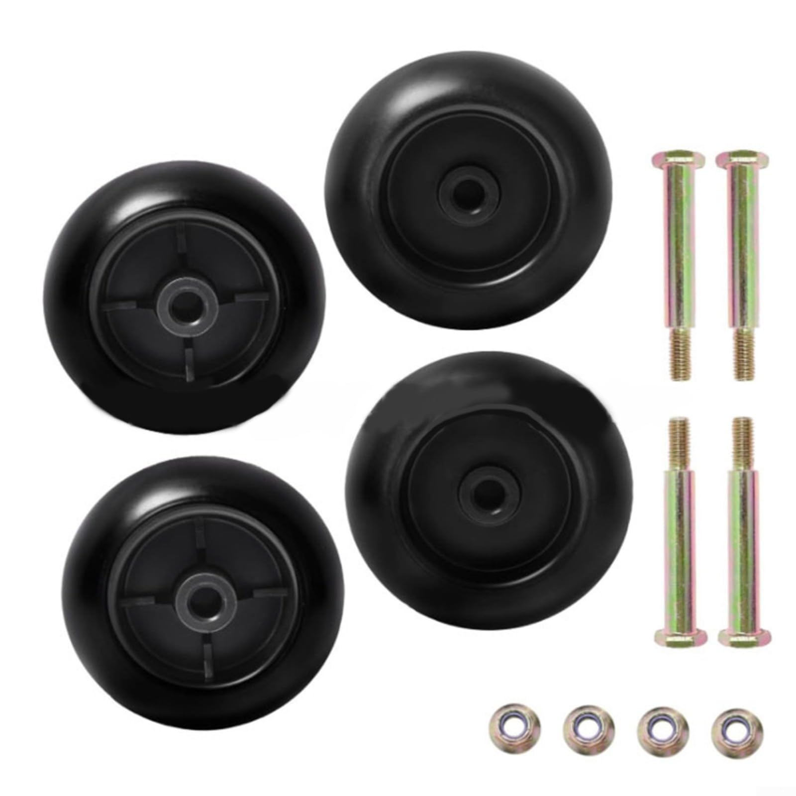 Kit de 4 ruedas para cortacésped con pernos y tuercas, construcción de plástico negro, maniobrabilidad suave, se adapta a tamaños de 42 a 54 pulgadas, compatible con 532133957, 174873, 734