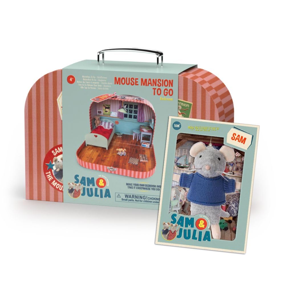 Mini-Schlafzimmer zum Mitnehmen + Sam Plüsch 11 cm – Einfaches Komplett-DIY-Puppenhaus im Koffer | Holzmöbel, Bettwäsche & Dekorationsblätter | Maßstab 1:12 | Sam & Julias Maus-Mansion