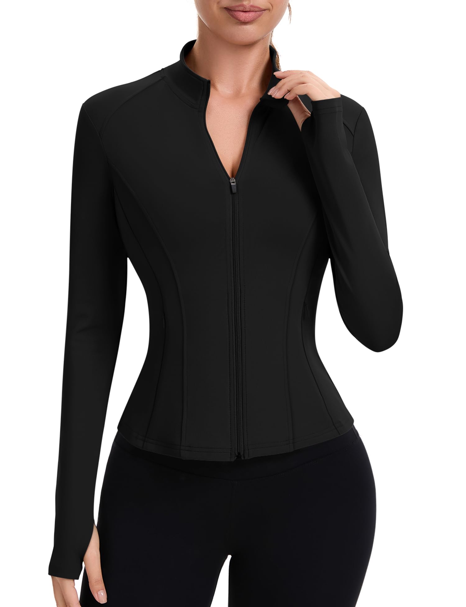 IECCP Sportjacke Damen Langarm Laufjacke Sportshirt Funktionsshirt Taschen Trainingsjacke Laufshirt Sport Oberteil Gym Yoga Tops mit Reißverschluss und Daumenloch