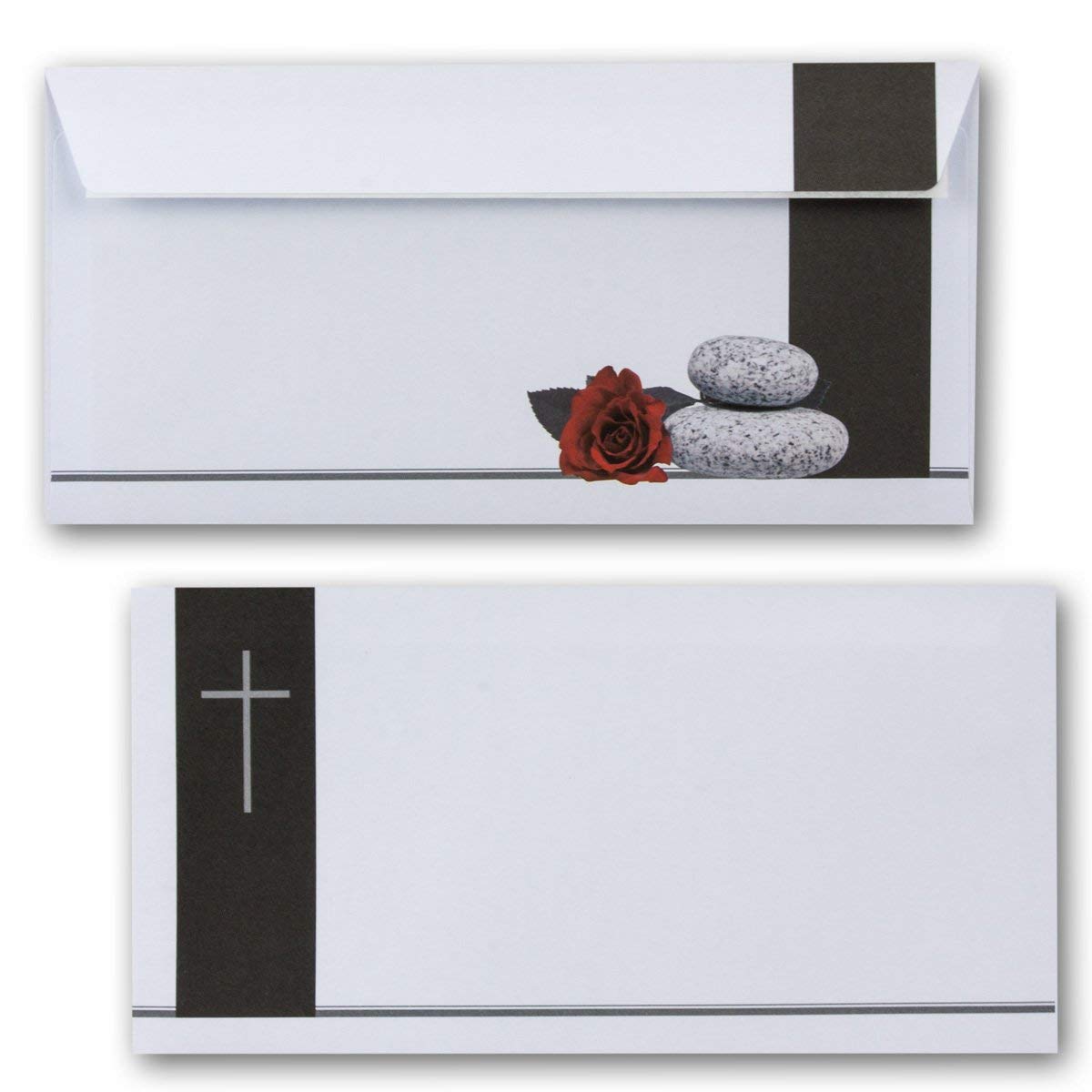 200 Stück Trauerumschlag Serie: Mathilde - Rose, Steine & Trauerkreuz - Haftklebung - DIN Lang 22 x 11 cm - 90 g/m² - Trauerhülle - Briefumschlag