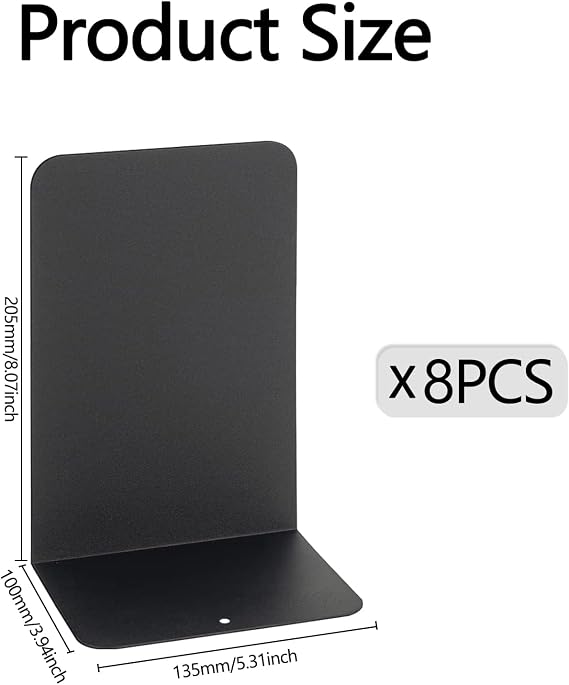 8Pcs Book Ends - Black Decorative Metal Bookends, Heavy Duty Book Ends for Shelves, Book Holder with Non-Slip Rubber Pad, Book Divider Stopper Organiser Desktop Shelves for Home,Office,Library, School