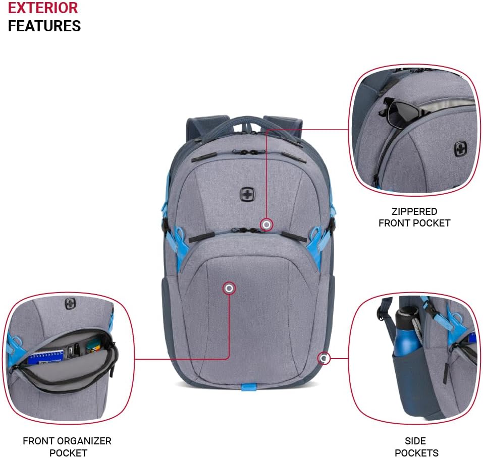 SwissGear UrbanPro Laptop Backpack, Laptop Bag Fits Most 16-Inch Laptops, Commuter Friendly Trolley Sleeve, Ideal for Work, Travel or School - Light Grey/Blue Heather (18.5-Inch)
