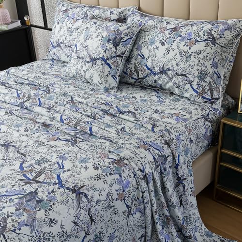 Image of FADFAY Sheets Set King Botanical Bird Floral Bed Sheets Set Vintage Blue Farmhouse Bedding Shabby Branches Bedding Collections 100% Egyptian Cotton Breathable Soft 17.7 inch Deep Pocket 4Pcs, King Size