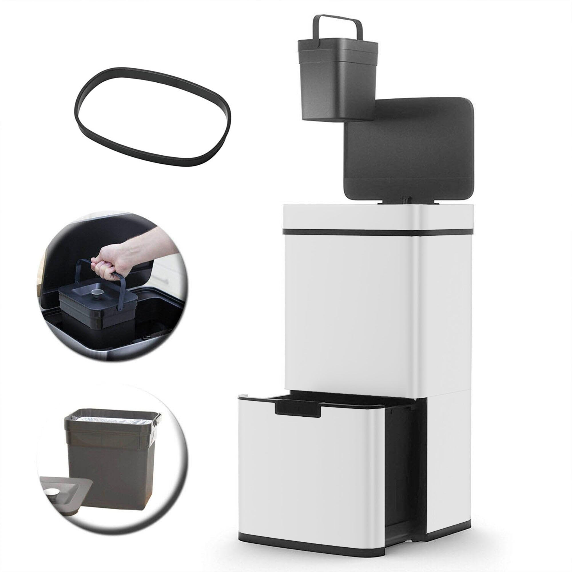 KITCHEN MOVE Automatyczne sortowanie selektywne kosz na śmieci z podwójnym przedziałem 75 l NARVIK BIAŁY matowy biały recykling o dużej pojemności i kosz na śmieci 3 l