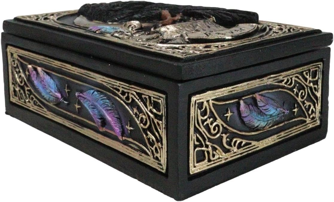 Ebros Gift Quoth The Raven Crow Crescent Moon Wicca Divination Ornate Tarot Cards Decorative Box Storage Stash Trinket Jewelry Boxes