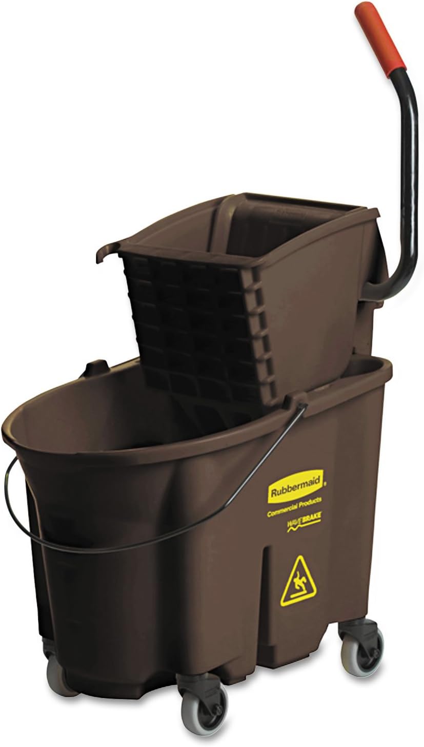 Rubbermaid Commercial Products WaveBrake 35 QT Side-Press Mop Bucket and Wringer Combo on Wheels Brown for Heavy-Duty Floor Cleaning