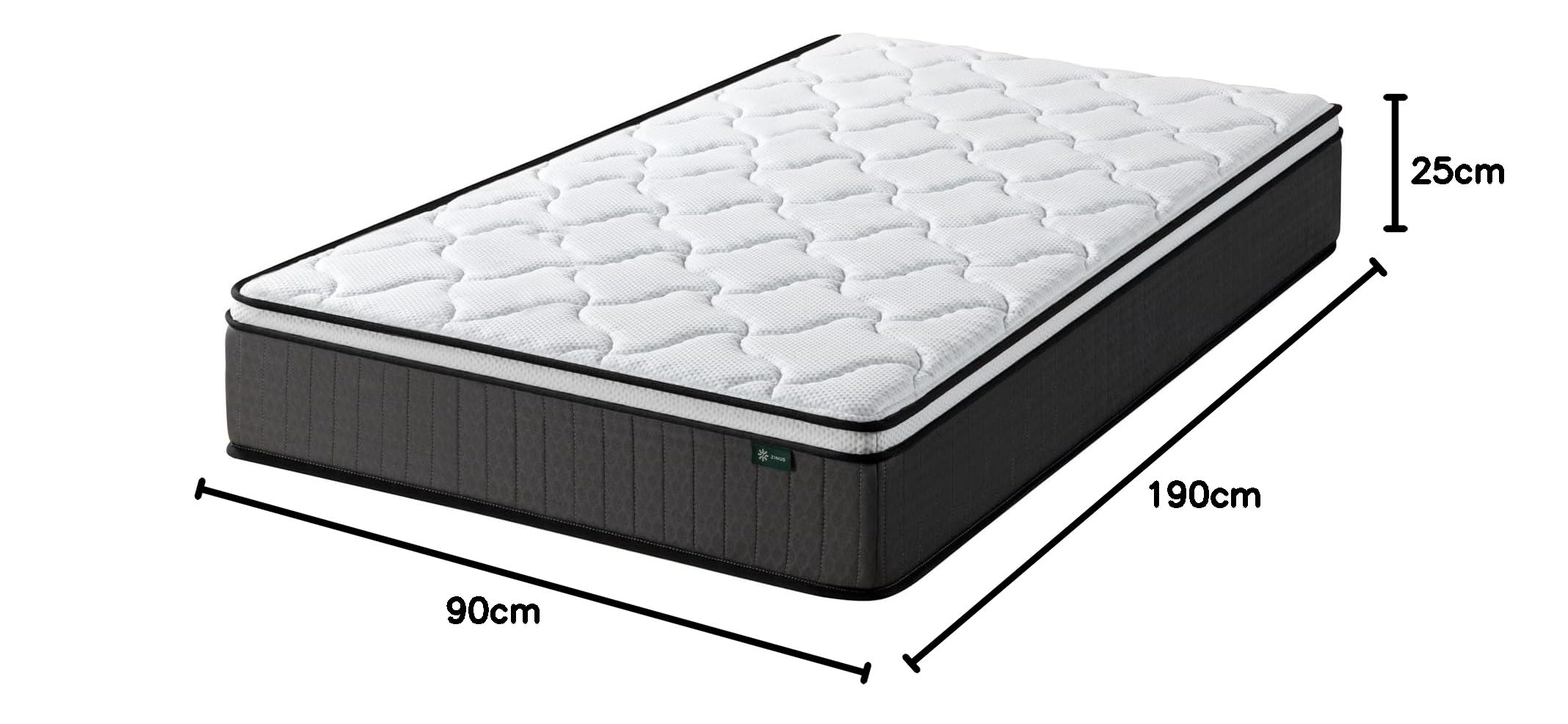 Zinus Materasso ibrido a molle insacchettate - Materasso 90 x 190 cm - Materasso viscoelastico e ortopedico di rigidità media - Altezza 25 cm - Certificato Oeko-Tex