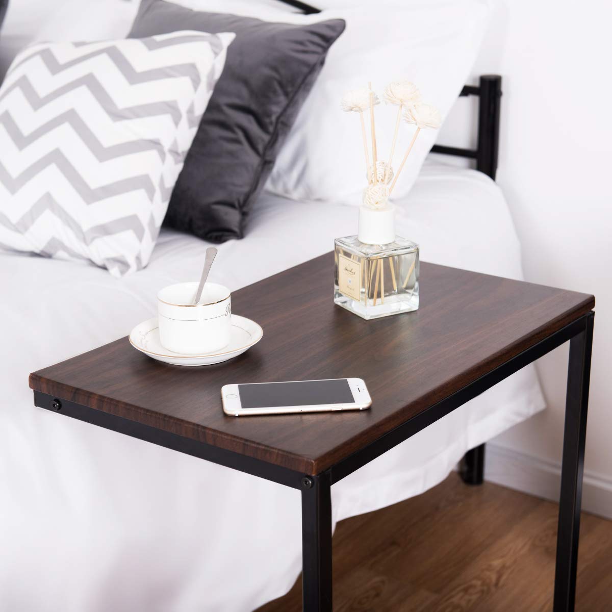 ReunionG Sofa Side End Table, End Stand Desk Coffee Tray Side Table, C Shaped Table Laptop Holder, Over Bed Table (Walnut)