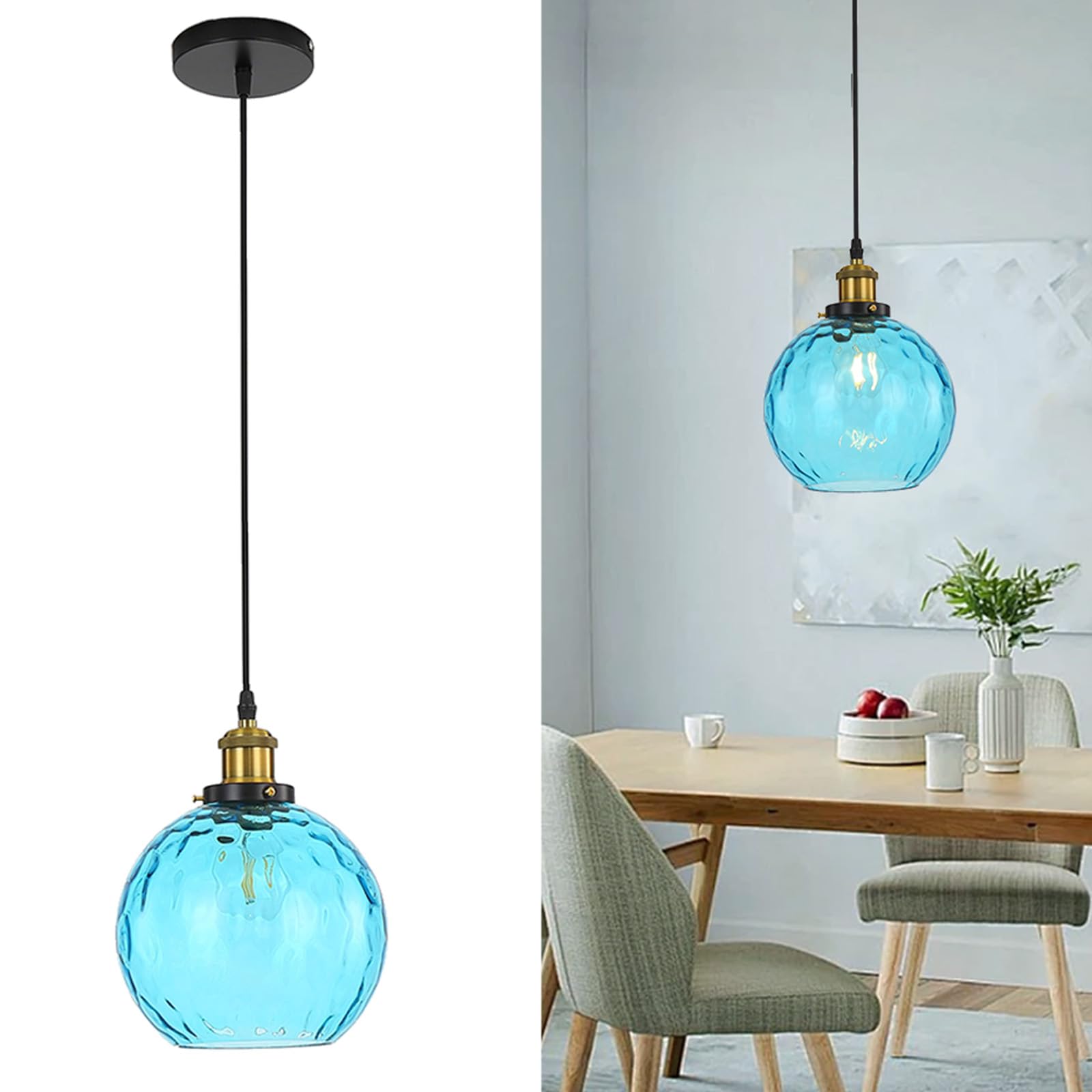 HJXDtech Vintage Industrial Pendant Light - 20cm Artistic Glass Globe Shade, Loft-Style Ceiling Hanging Lamp with Antique Bronze Finish, E27 Base, Perfect for Cafe, Restaurant, Home Decor(Blue) โ image 1