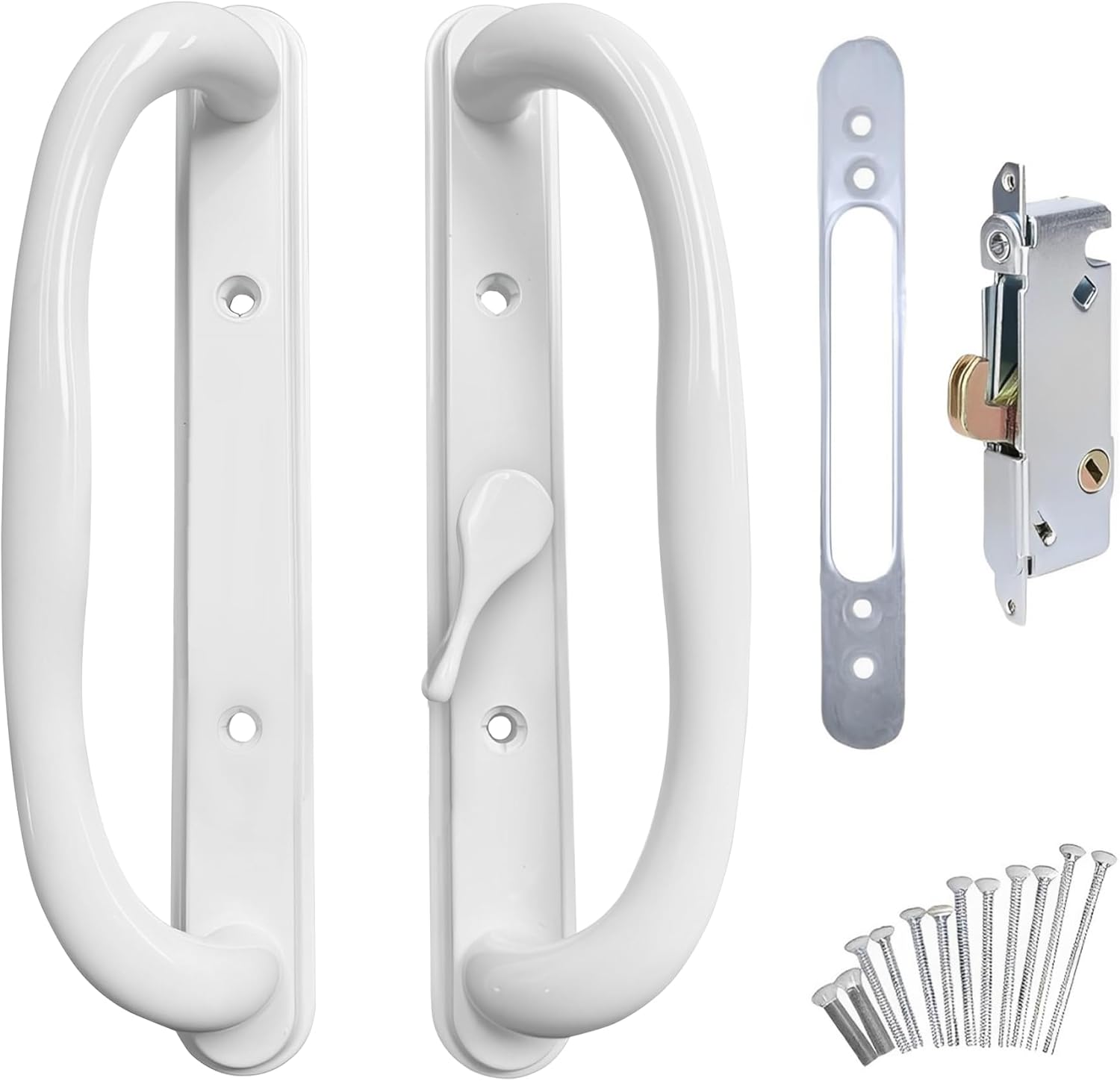 10" Olympus Sliding Patio Glass Door Center Latch White Pull Handle Set Replacement w/Mortise Lock - fits 3 ¹⁵/₁₆ inches Hole Spacing, + 1-1/4" to 2-1/4" Door Thickness