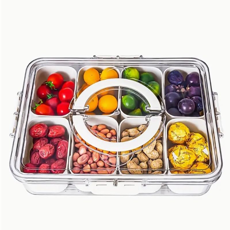 Image of Divided Fridge Storage Box with 8 Compartment | Veggie Tray for Refrigerator Organizer with Lid Handle Removable Baskets | Fruit Storage Container Kitchen Organizer