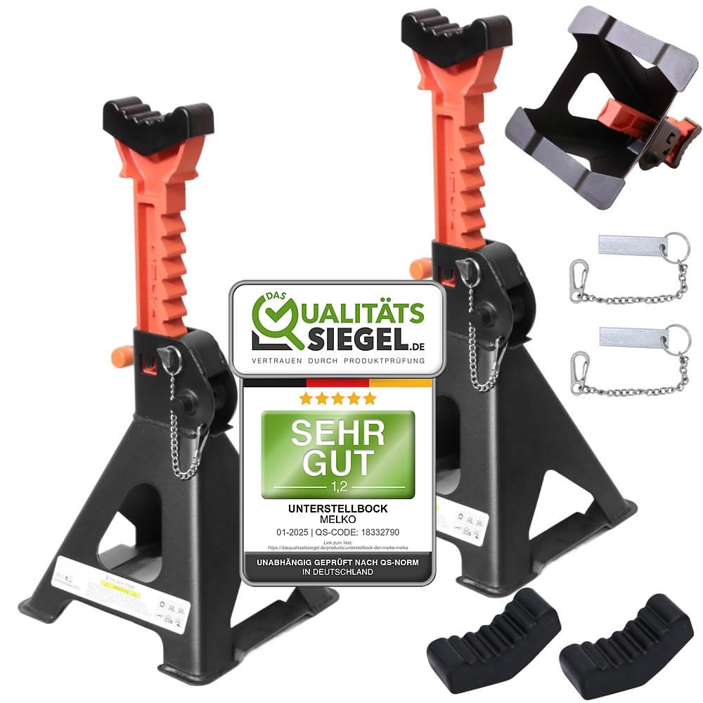 Melko 3000KG Unterstellbock INKL. Sicherungssplint und 2XGummiauflagen PKW Wagenheber 3 T Tragkraft aus Gusseisen KFZ Stützböcke 9 stufig höhenverstellbar 28 – 42,5 cm - 2 Stück x 3 Tonnen