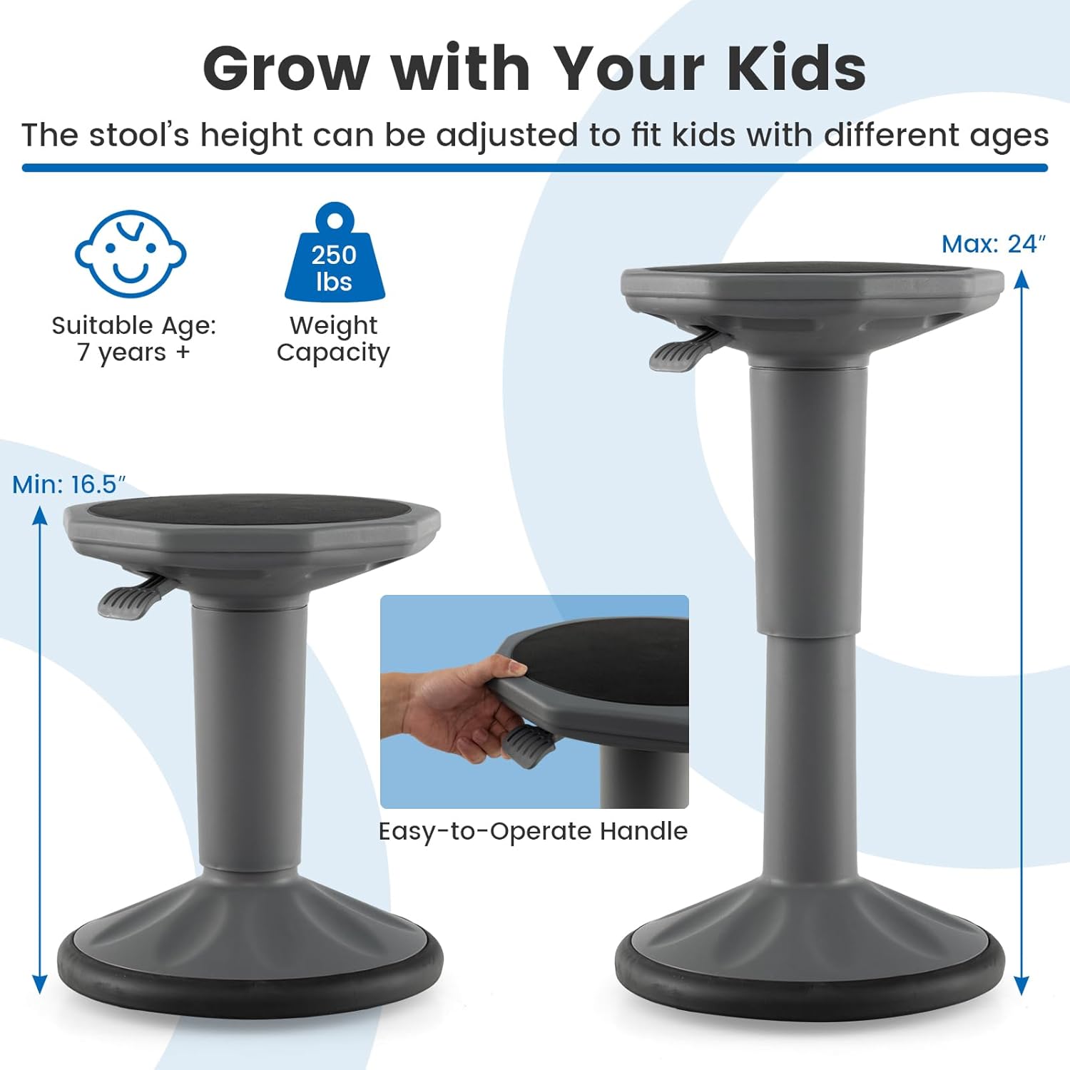 S AFSTAR Ergonomic Wobble Stool, Kids Active Motion Stool w/ 16"- 23.5" Adjustable Height, 245 LBS Weight Capacity, 360-Degree Wiggle Chairs Kids Wobble Chair for Classroom Preschool (Grey)