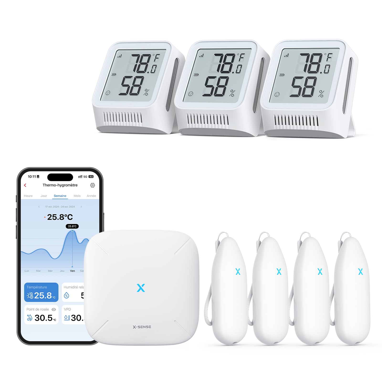 X-Sense WLAN Hygrometer Thermometer Innen, Temperatur- und Luftfeuchtigkeitsüberwachung per App, 500m Reichweite, Kostenfreier Datenexport, kompatibel mit Alexa, 7 Sensoren und 1 Basisstation SBS50