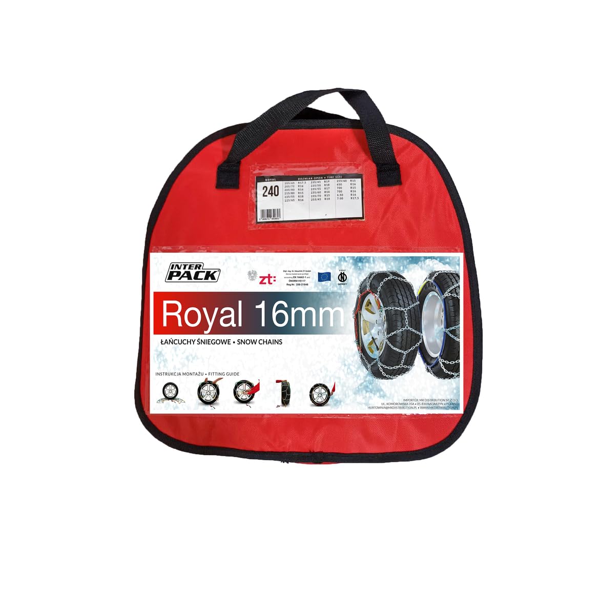 Catene da Neve 16 mm Royal 230 per SUV e Furgoni, Controllo di Trazione su Ghiaccio, Struttura a Rombo per Pneumatici 185/80/16, ÖNORM V5117