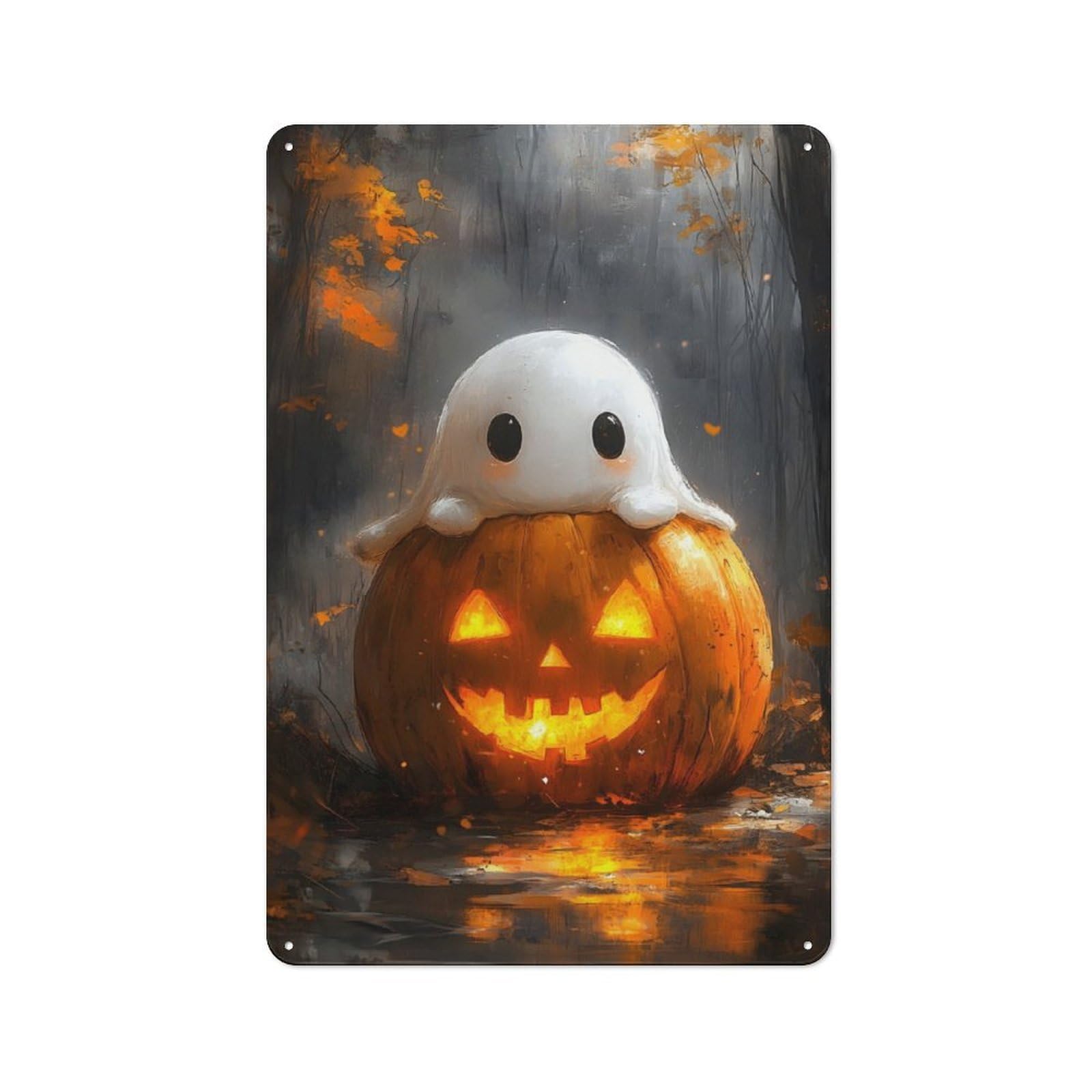 Junmoney Ghost On Pumpkin Metal Wall Sign 30X20cm Featuring For Café Or Restaurant, For An Autumn Wall Display In Café And Restaurant