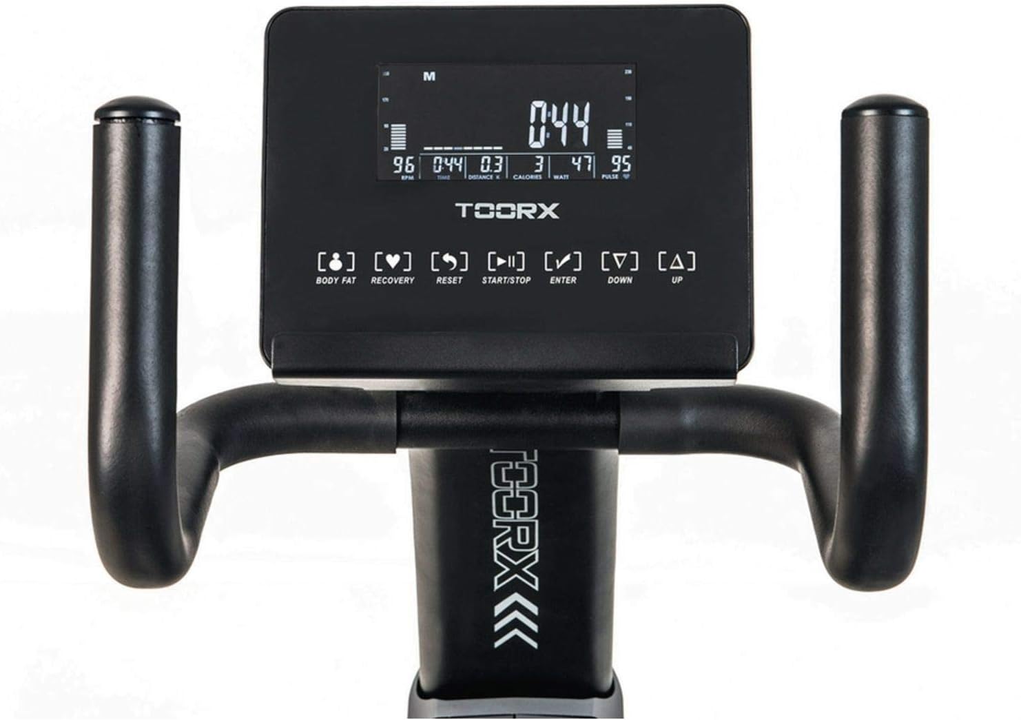 Close-up of the Toorx BRX-R3000's LCD console with various buttons and display metrics