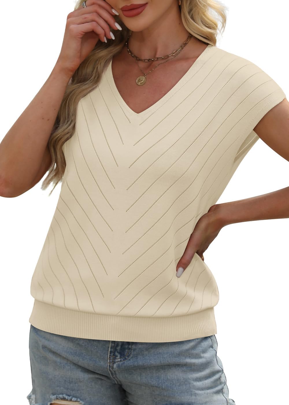 WIHOLL Short Sleeve Sweater for Women V Neck Trendy Summer Tops 2026 Beach Vacation Clothes Travel Business Casual Outfits thumbnail
