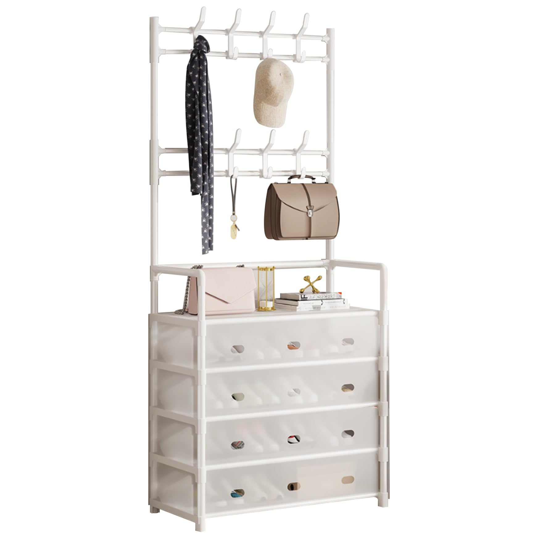 Coat Rack with 4 Tier Shoe Rack, Double Row 8 Hooks Coat and Shoe Stand with Metal Frame for Hallway Entryway Living Room, White