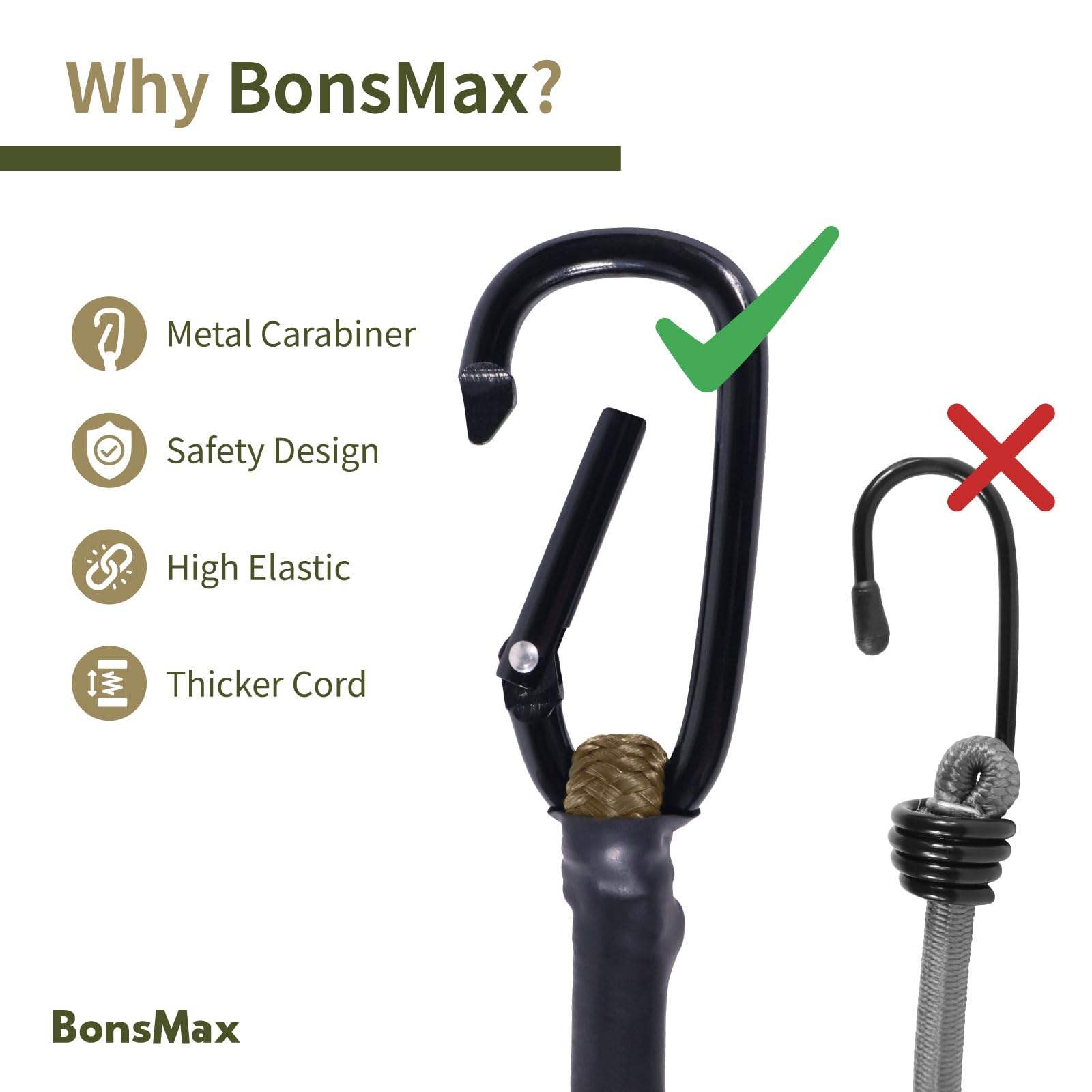 Confezione da 10 corde elastiche con ganci a moschettone, clip in alluminio resistente per portapacchi auto, campeggio all'aperto, tende, teloni, portabici, carrello a mano, bambola-cachi (confezione