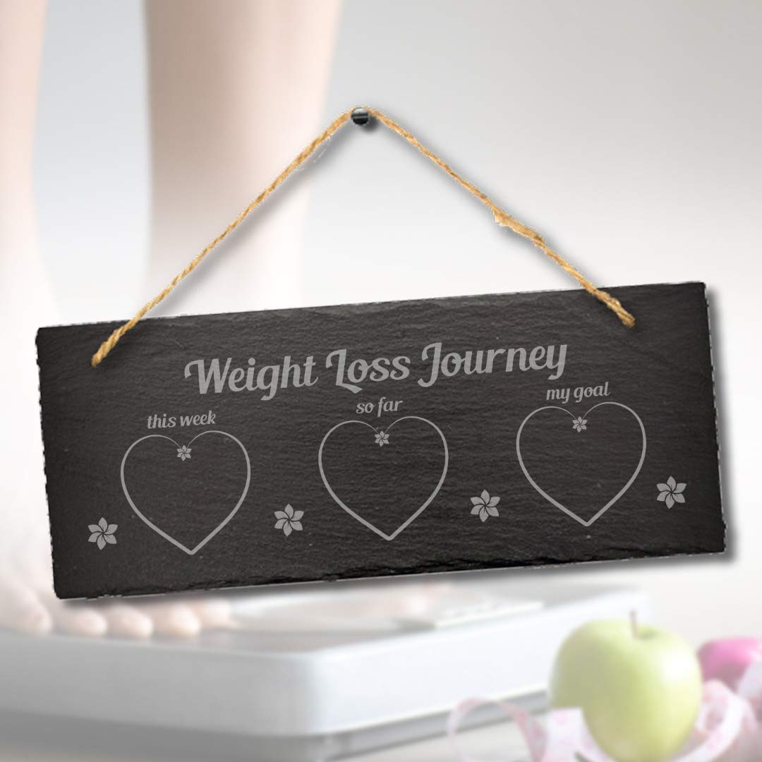 Stukk Natural Engraved Slate Stone Plaque Weight Loss Journey Counter Tracker Laser Hanging Chalk, 30X12cm